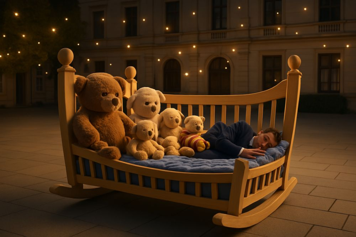 Reusachtige wieg van gerecycled materiaal in Luxemburg, gevuld met pluchen knuffels als symbolische rustplek voor Europese democratie.